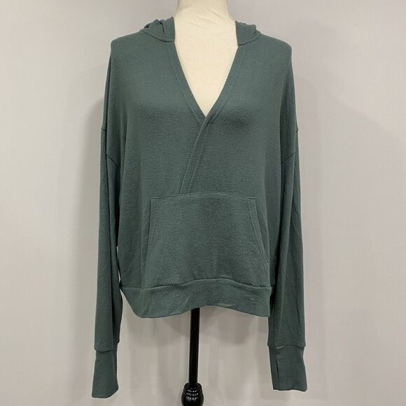 ZYIA Active L Pine Green Slouchy Short Boyfriend Knit Hoodie Lounge Soft Comfy - Picture 1 of 15